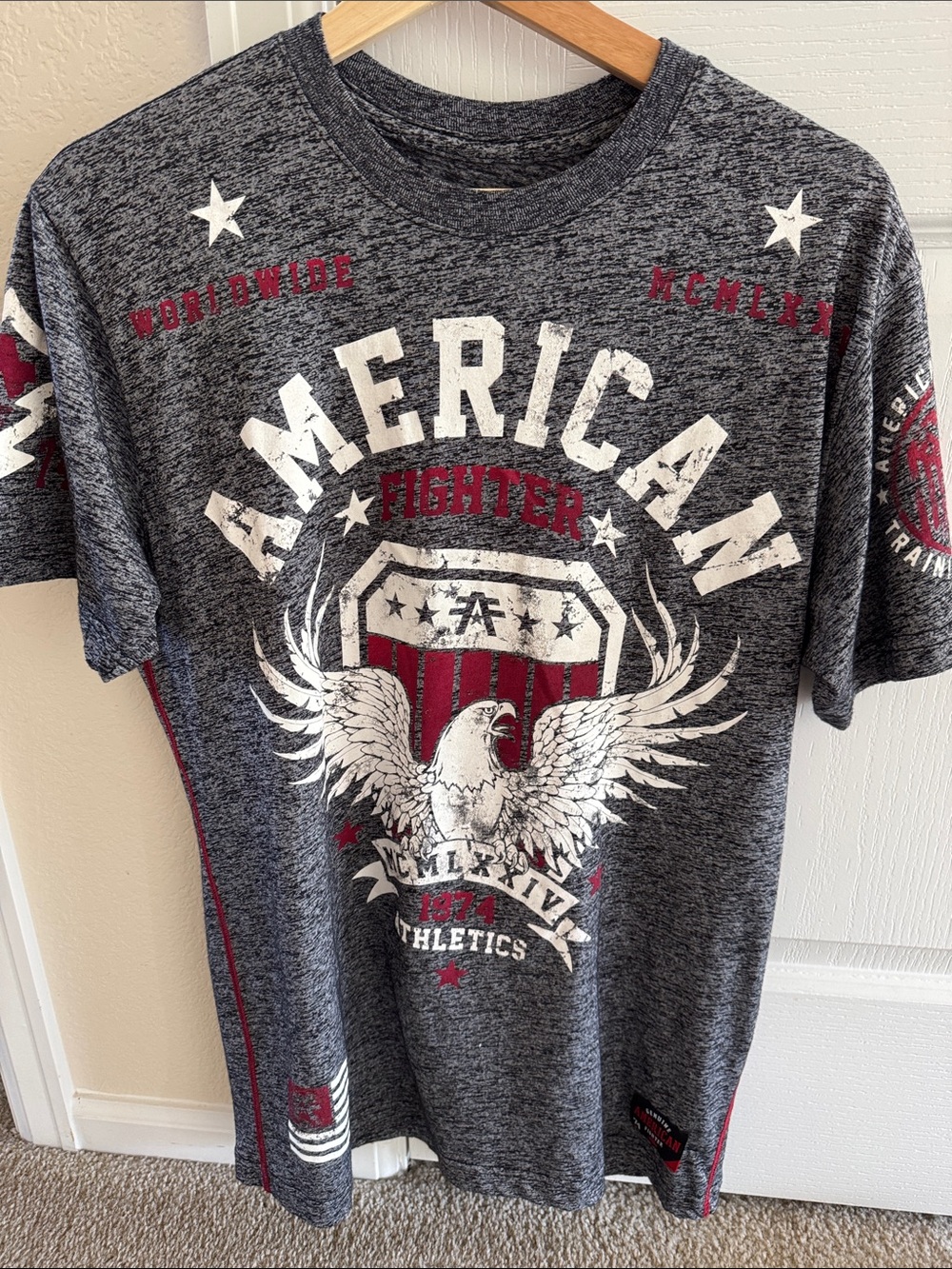 American Fighter Heather Gray Graphic Tee with Red & White Eagle Crest